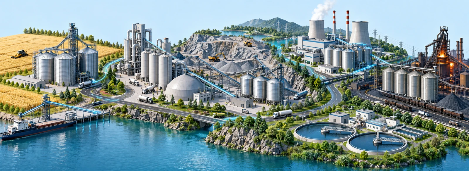 Application concept panorama covering grain, cement, aggregate, power, metallurgy and water treatment